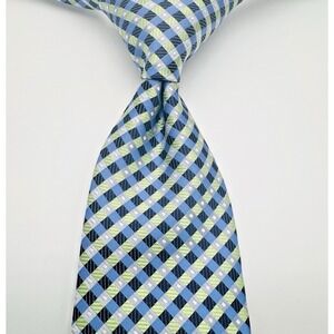 David Donahue Necktie Men 60Lx3.5W Green Blue Gingham Check Jacquard